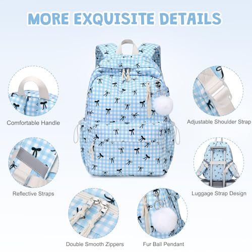 3PCS Corduroy Girls Backpack w/ Lunch Box & Pencil Bag (Blue Checkered Bow) - color: Blue Checkered Bow