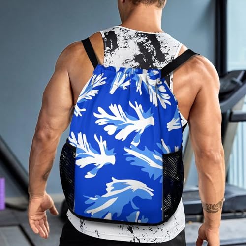 Drawstring Gym Backpack with Shoe Compartment And Wet Pocket, 28L Lightweight Waterproof Blue Celery Pattern Sports Backpack for Workout Swim Beach Travel String Bag for Men Women