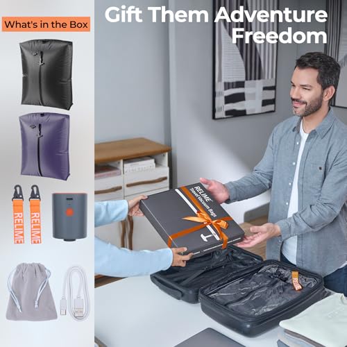 Relime Classic Series Vacuum Bags for Travel Luggage with Wireless Pump, Compression Bags for Carry On Suitcases and Backpack, Vacuum Seal Packing cube for Cloth Packing (2PC + PUMP Gray & Lavender) - color: 2PC Gray & Lavender