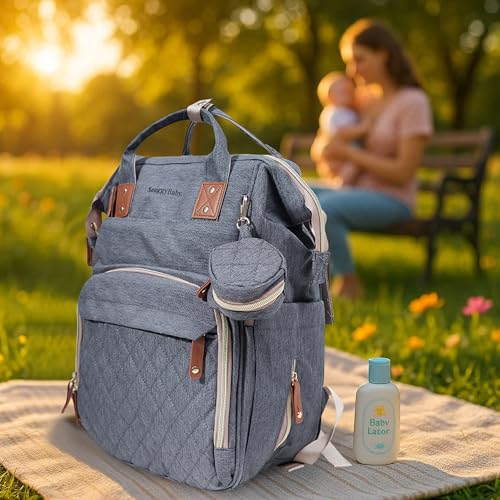 SNUGGY BABY Diaper Bag with Changing Station, Diaper Backpack with Changing Pad, Portable Diaper Organizer, Insulated Bottle Holders, Large Capacity, Water-resistant Travel Bag (Gray) - color: Gray
