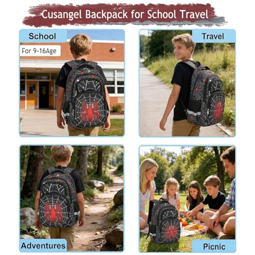 Cusangel kids Backpack for School Boys Girls 8-12ages,16in Bookbag Stitch,durable Water Resistant,7 Pockets, Adjustable Chest Strap,Large For Travel,Gifts (Red Spider-17in) - color: Red Spider-17in