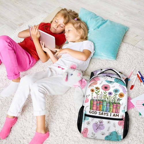 Kids Backpack School Backpacks for Girls Christian, Floral Gad Say Bookbag for Students Preschool Kindergarten Elementary Middle - color: White