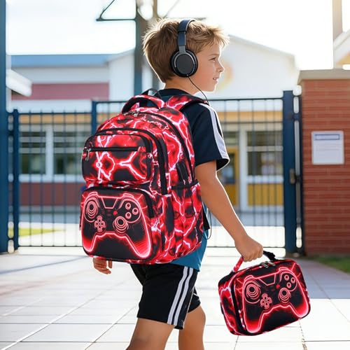Bevalsa Backpack for Boys, Lightning School Bags with Lunch Bag & Pen Case for Kids, Bookbag for Boys Teens Elementary Middle High School - color: Red Game