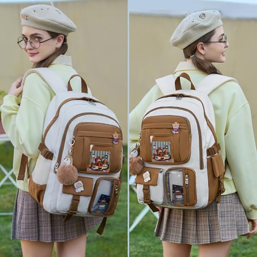 Backpack for Girls with Accessories Laptop Bookbags 16 Inch Kawaii Kids Elementary Middle High School Bag College Travel Daypack Gifts for Teens Women Students (Beige Khaki) - color: Beige Khaki
