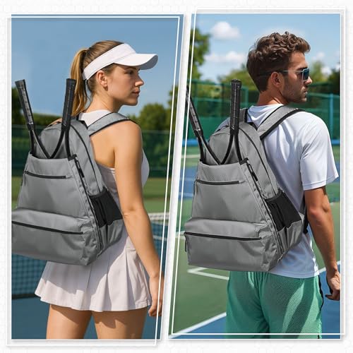 Tennis Backpack for Rackets, Waterproof Tennis Bag with Shoe Compartment, Wet/Dry Pocket, Fence Hook, for Tennis, Pickleball, Badminton - color: Gray