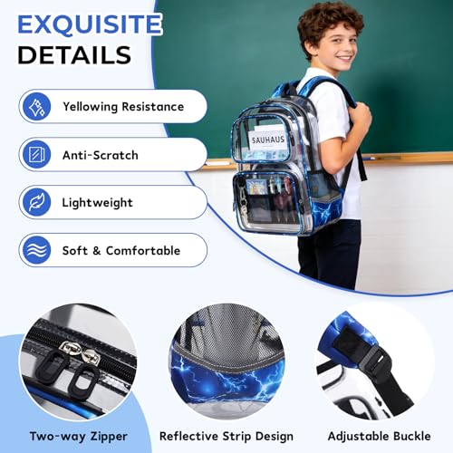 Sisipoet Clear Backpack for Boys with Lightning Print, Heavy Duty Transparent Bookbag for School, Stadium, and Concert, Blue - color: Blue/Lightning