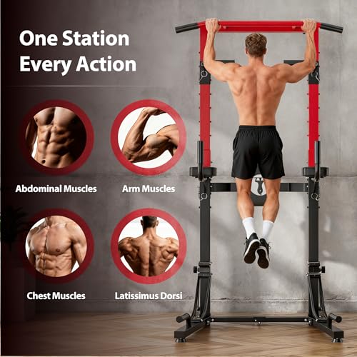 SDHYL Foldable Power Tower Pull Up Bar Station, Multi-Function Adjustable Dip Station Exercise Equipment for Home Gym Workout, Strength Training Fitness Equipment, 330LBS