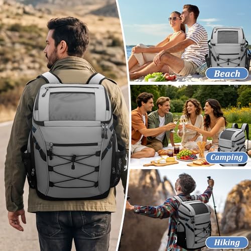 30L Cooler Backpack for Men Women, Leak Proof & Waterproof, Double Decker Insulated Backpack Cooler for Beach Camping Picnic (7.93 Gal, 48 Can) - color: Gray