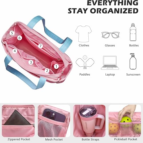 Pickleball Bag for Women Stylish Nylon Tote Fits 2 Paddle, Ball, Gear, Utility Shoulder Handbag for Sports - color: Pink