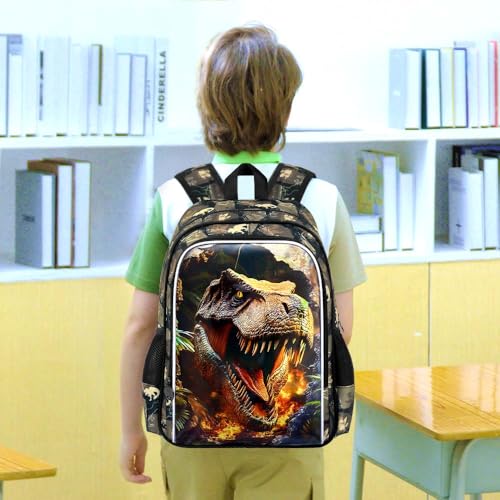 3Pcs Dinosaur Backpack for Boys, 16" Kids School Bookbag with Lunch Box, Dino Backpacks Set for Elementary Preschool Kindergarten(Brown) - color: Dionsaur Brown01