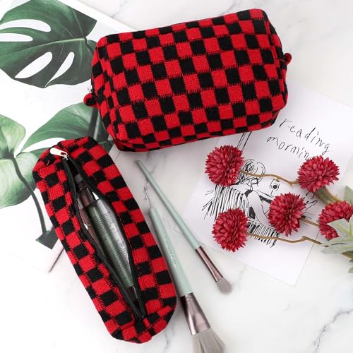 3 Pcs Makeup Bag Cosmetic Bag Set for Girls Women Checkered Travel Organizer Bathroom Toiletry Pouch Large Capacity Storage Bag(Red-Black) - color: Red-Black