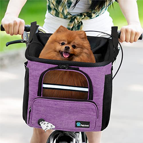 PetAmi Dog Bike Basket, Soft-Sided Ventilated Dog Bike Carrier Backpack, Pet Bicycle Basket for Bike Handlebar, Small Medium Puppy Cat Kitten Car Booster Seat with Safety Strap, Max 18 lbs, Purple - color: Purple
