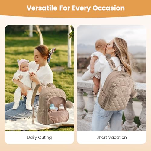 LOVEVOOK Diaper Bag Backpack,Puffer Quilted Baby Diaper Bag with Insulated Pockets,Travel Diaper Backpack for Boys Girls with Changing Pad,Water-Resistant Baby Bag for Mom Dad,Khaki - color: Khaki