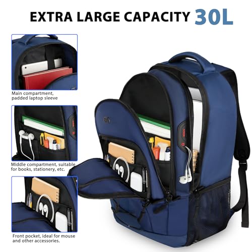 Goloni Laptop Backpack for Men Women, 17 Inch Travel Backpack with USB Charging Port, Water Resistant Lightweight Backpack with Compartments, 30L Casual Daypack,Blue - color: Blue