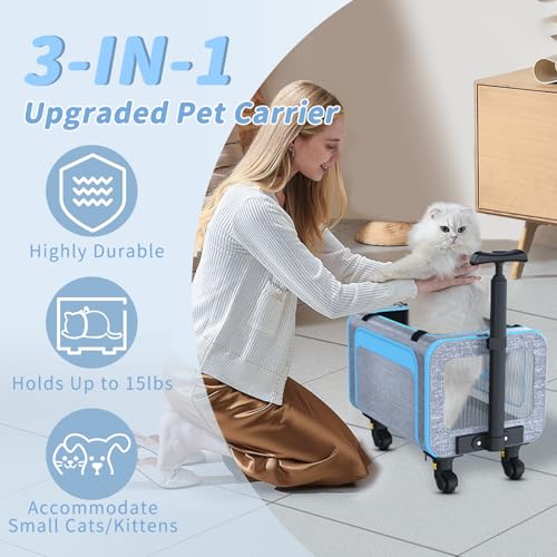 Rolling Pet Carrier with Detachable Wheels - 18x11x11 TSA Airline Approved for Southwest Delta United American, Soft Sided Expandable Travel Bag for Small Dogs & Cats up to 15Lbs, Fits Under Seat - color: Blue