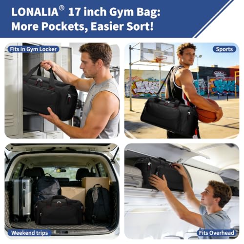 30L Gym Sport Duffle Bag - 17 inch Carry on Weekender Overnight Bag for Travel, Workout, Fitness (Black-30L) - color: Black