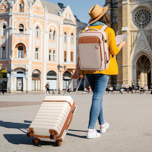 UKEIN Luggage Sets 3 Piece, PC Hardside Large Luggage 24Inch With Spinner Wheels with TSA Lock, Carry On Suitcase Set With Travel Backpack for Men (Beige, 3 piece set (24inch)) - color: Beige, size: 3 piece set (24inch)
