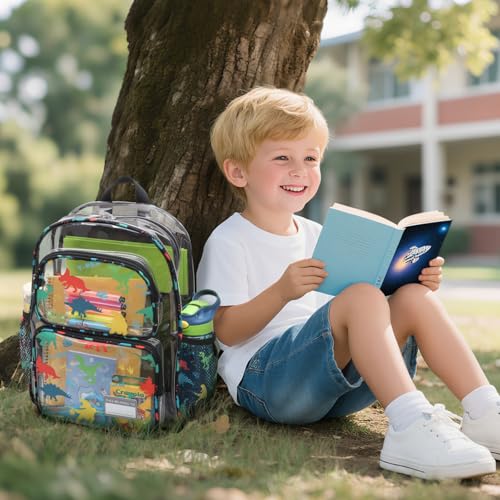Bagseri Clear Backpack for Boys, 15 Inch Heavy Duty Kids Transparent Bookbag for School Kindergarten to 2nd Grade, Fits 12.5 Inch Folders, High Visibility Reflective Strips, Black Dinosaur - color: 1pcs, B-black Dinosaur, style: Backpack