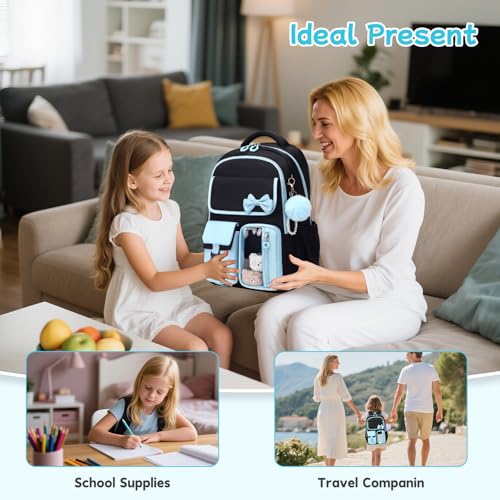 Girls Backpack, School Backpack for Girls, Cute Bow Kids Bookbag for Grils Children Teens for Elementary Middle High School Student, Back To School, Black Blue 3pcs - color: Black Blue-3pcs