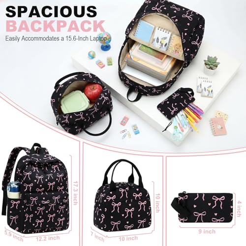 LEDAOU Kids Backpack for Girls Backpacks with Lunch Box, Lightweight Bookbag Set Elementary Middle School Back pack for 8-14 - color: A-bow Tie Black