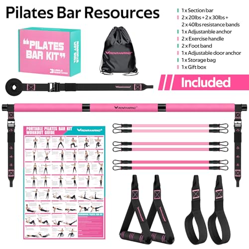 Pilates Bar Kit with Resistance Bands, Multifunctional Pilates Bar for Women & Men with Heavy-Duty Metal Adjustment Buckle, Pilates Home Equipment for Full BodyWorkouts - color: Pink