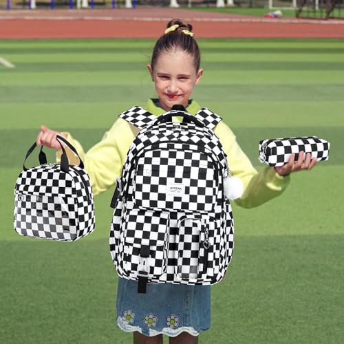 ACESAK Backpack for Girls - Girls Backpack with Lunch Bag & Pencil Pouch for Teen Kids Laptop Backpack for Women, Elementary Middle High School Bookbag Travel Daypack (Black Checkered) - color: Black Checkered