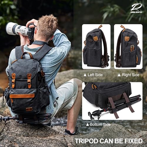 Padwa Lifestyle Black Canvas Camera Backpack - Professional DSLR & UAV Camera Bag,Anti Theft Camera Backpack with Rain Cover,Large Capacity Photography Travel Camera Bag with Multi Compartments - color: Black Canvas, style: Canvas Bag Flap