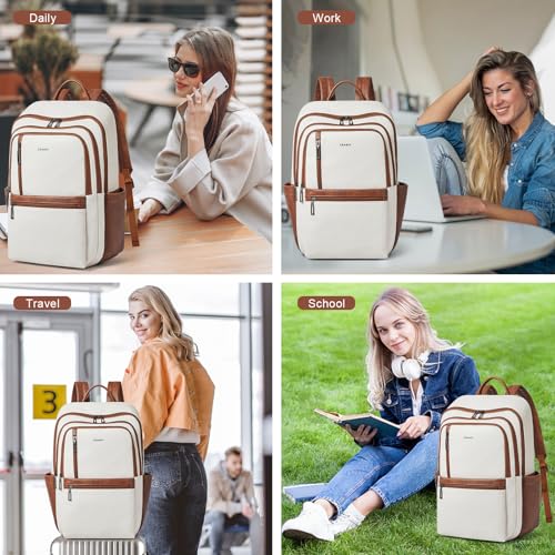 Shrrie 17 inch Leather Laptop Backpack for Women, Large Travel Backpack with 6 Compartments, Computer Backpack Purse for Work College - color: Beige
