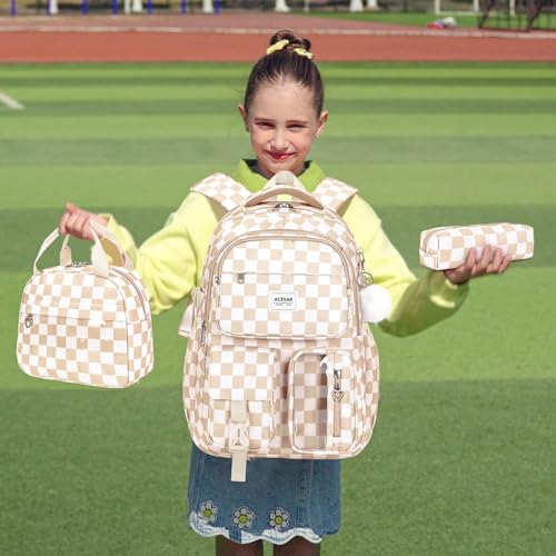 ACESAK Backpack for Girls - Girls Backpack with Lunch Bag & Pencil Pouch for Teen Kids Laptop Backpack for Women, Elementary Middle High School Bookbag Travel Daypack (Brown Checkered) - color: Brown Checkered