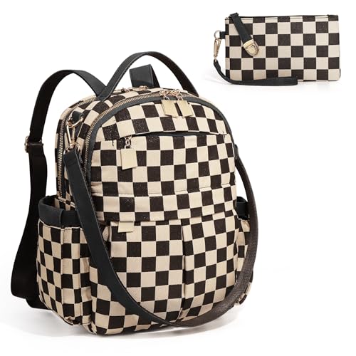 Checkered Backpack Purse Women Plaid Vegan Leather Fashion Travel Bag Large Designer Shoulder Handbag Commuter Brown (Plaid Black) - color: Plaid Black