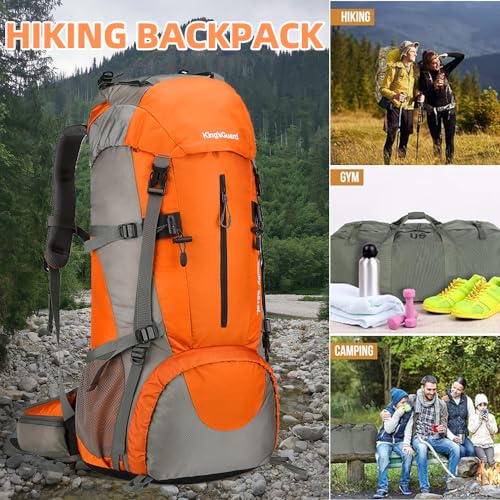 King'sGuard 70L Hiking Backpack with Rain Cover Lightweight Waterproof Travel Camping Backpack Large Backpacking Pack - color: Orange