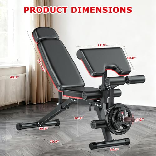 XDDIAS Workout Bench, Adjustable Weight Bench with Leg Extension and Leg Curl, Extended Headrest, 900LBS Preacher Curl Bench Incline Decline Flat Workout Bench for Home Gym Full Body Exercise - color: Black+ PU