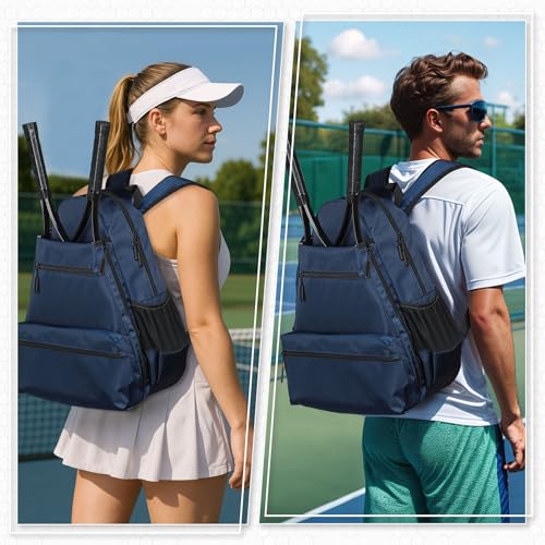 Tennis Backpack for Rackets, Waterproof Tennis Bag with Shoe Compartment, Wet/Dry Pocket, Fence Hook, for Tennis, Pickleball, Badminton - color: Blue