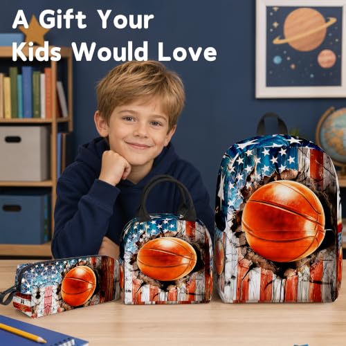 3PCS Backpack for Girls Boys,Teens Flag Basketball Back to School Backpack with Lunch Box Pencil Case, 17 Inch Lightweight Students Backpack 3 in 1 Set for Elementary Middle High School - color: American Flag Basketball