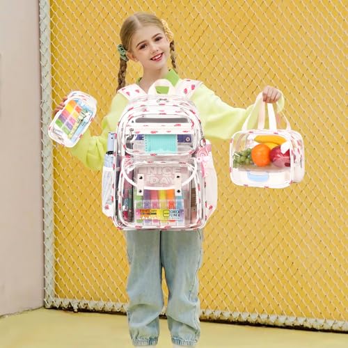 ACESAK Clear Backpack for Girls - 3 Pcs Clear Backpack Heavy Duty with Lunch Bag - See Through Bookbag Stadium Approved for Kids Middle High College School(Beige) - color: Beige