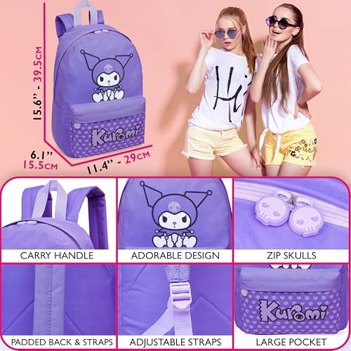 Hello Kitty Sanrio Backpack for Girls, Tweens with Zipped Front Pocket, Kawaii Backpacks for School, Travel, Gifts for Girls (Purple Kuromi)