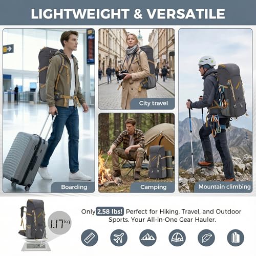 Bseash 65L Waterproof Hiking Camping Backpack with Rain Cover, Outdoor Sport Travel Daypack for Climbing Touring (Gray) - color: Gray