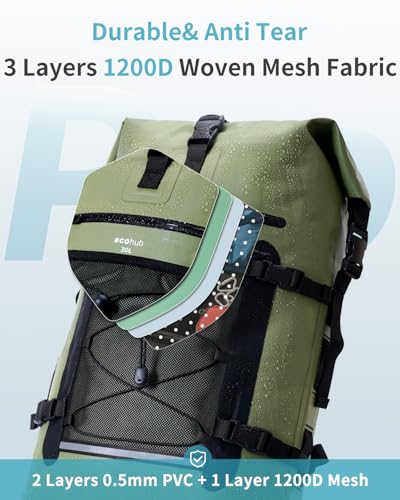 ECOHUB Waterproof Backpack for Women Men, 30L Roll-Top Closure Heavy Duty Dry Bag for Travel with IPX8 Waterproof Phone Case - color: Green