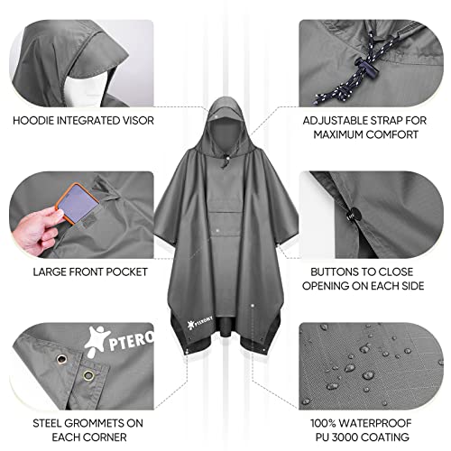 PTEROMY 3-in-1 Hooded Rain Poncho for Adult with Pocket, Waterproof Lightweight Unisex Raincoat for Hiking Camping Emergency - color: Grey