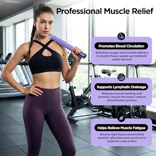 Muscle Roller & Massage Roller Stick for Athletes - Lymphatic Drainage Support, Relieves Muscle Soreness, Cramping & Tightness - Targets Legs, Arms, Back & Calves (Purple - 18inch) - color: Purple