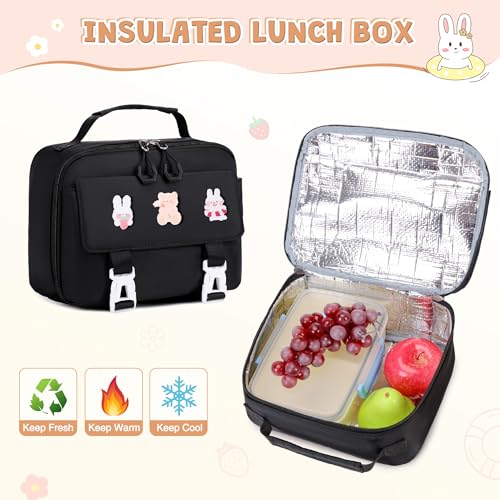 DIGOBAY 3PCS Girls Backpack for School, Kids Backpack for Girls with Lunch Box Pencil Case Set for Teen Girl Elementary Primary Middle High College School Bookbag with Cute Pins (Black) - color: Black