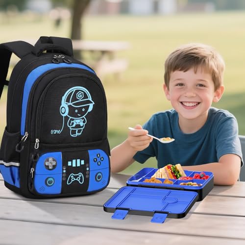 Bevalsa Backpack for Boys with 43OZ Bento Lunch Box,Insulated Lunch Bag & Pencial Case,Cool Luminous Gamer Schoolbag for Kids Teens Elementary Middle School,Bookbag Glow In The Dark - color: Blue, style: Backpack With 43oz Bento Box