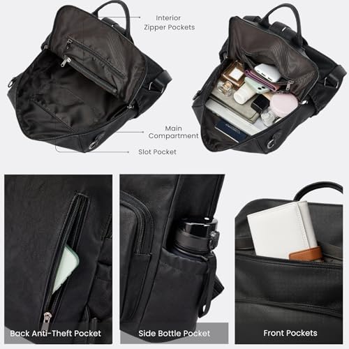 Anti-Theft Backpack Purse for Women, Convertible 3-in-1 Vegan Leather Backpack with Hidden Zipper, Adjustable Shoulder & Crossbody Bag for Travel and Daily Commute - color: A Black