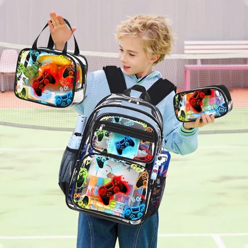 ACESAK Clear Backpack for Boys - 3 Pcs Game Heavy Duty with Lunch Bag - See Through Backpack Clear Bookbag Stadium Approved for Kids Middle High College School Travel (Black Game Console) - color: Black Game Console