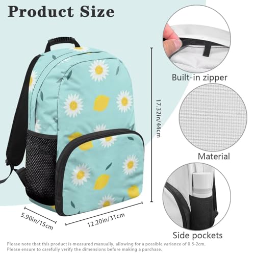 Large Capacity School Backpack for Teens & College Students - Durable 17 Inch Laptop Bookbag with Padded Sleeve, Side Water Bottle Holders for High School, Daisy Cartoon Lemon Print - color: Daisy Cartoon Lemon Print