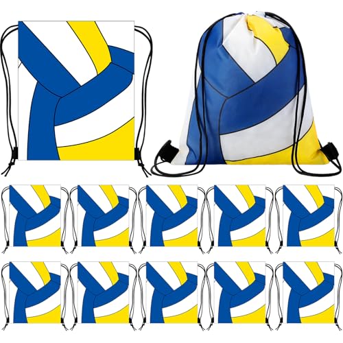 Dansydaisy 12 Pcs 12 In Volleyball Drawstring Backpack Bag Goodie Snack Gift Bags Sports Party Favors String Backpack Bulk(Blue, Yellow, White) - color: Blue, Yellow, White