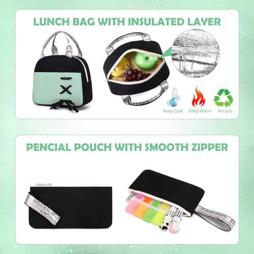 ACESAK Backpacks for Girls, Girls Backpack with Lunch Box and Pencil Case for Teen Kids Elementary Middle High School College Student, Children Backpack Bookbag with USB Charging Port (Peas Green) - color: Black With Pea Green Accent