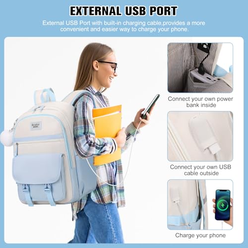 Bevalsa Backpack for Girls, 3PCS School Backpacks with Lunch Box - color: Beige Blue, size: 17.3 inch