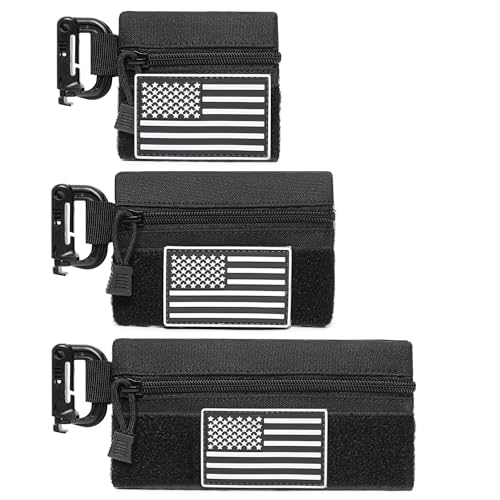 3 Pieces MINI Tactical Tool Zipper Pouch with US Patches & D-Ring Clips - Expansion Pouch,Bag Insert EDC Organizer,Utility Storage Accessories with Hook Fasteners for Vest Backpack Bag Hook and Loop