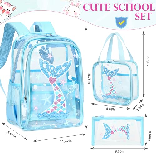 AO ALI VICTORY Clear Backpack for Boys Girls,15.6 Inch Kids Clear Backpack Set with Lunch Bag Pencil Case PVC Elementary Bookbag School Student See Through Transparent Travel Back Pack, Blue Mermaid - color: Blue Mermaid 3pcs